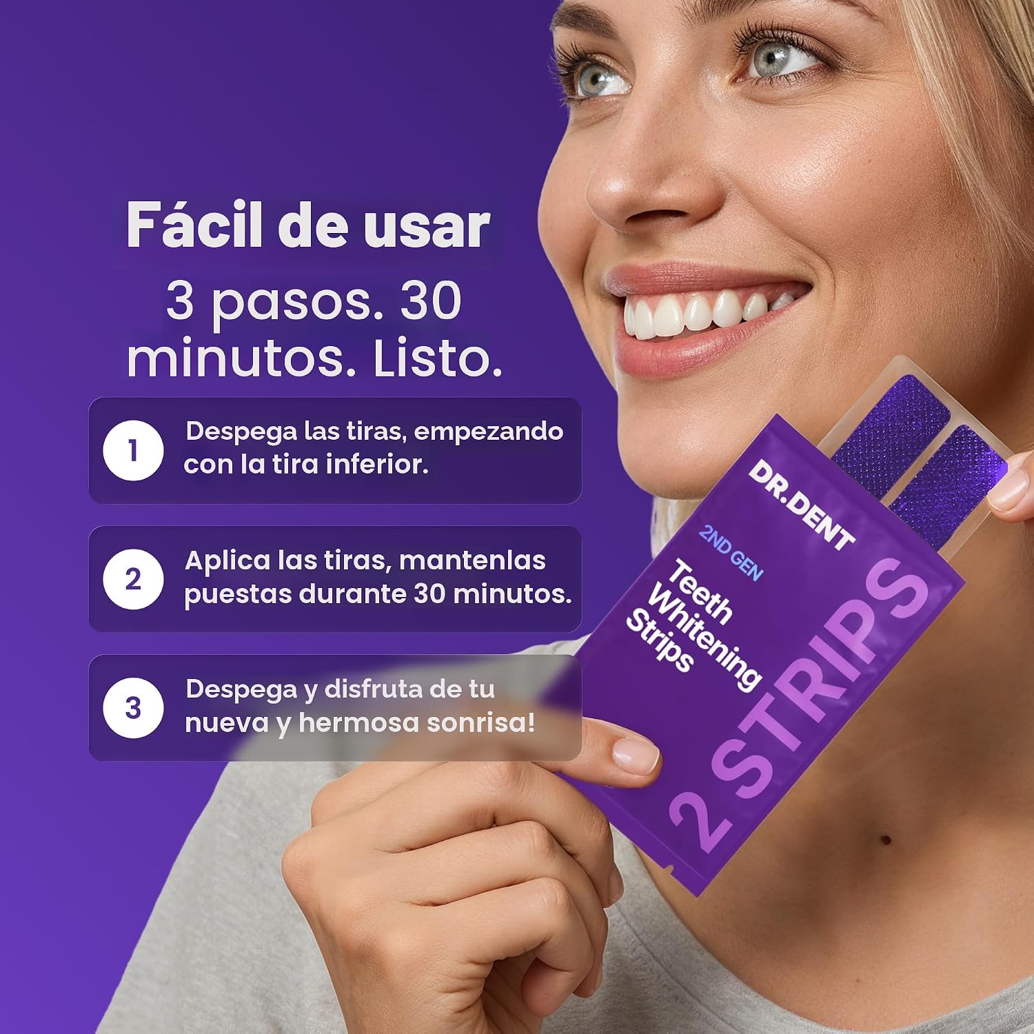 DRDENT Tiras blanqueadoras de dientes moradas, 21 tratamientos, seguras para esmalte, blanqueamiento dental no sensible, blanqueamiento sin ningún daño, paquete de 42 tiras