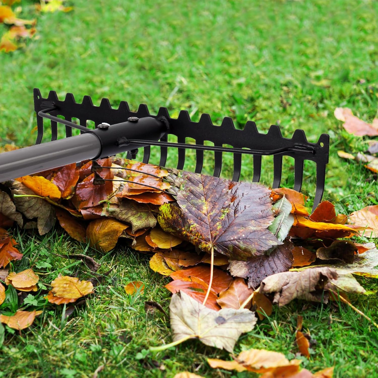 Walensee 5.25ft (1.6m) Rake, Extendable with Stainless Steel Handle, Steel 17-Prong, Metal Head, Sturdy Rake for Weeding, Leaf Collection, Ground Preparation, Soil Conditioning, Agriculture, Land