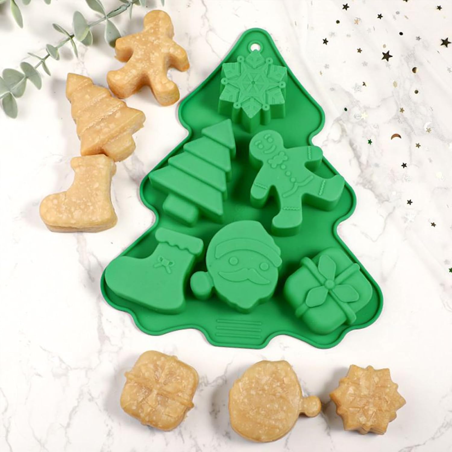 クリスマス シリコン モールド | 6キャビティ シリコン ベーキング ツール - 立体ケーキ用スノーフレーク・ツリー・サンタ型 | パン菓子 チョコレート クッキー フォンダン カップケーキ トッパー ムース キャンドル エポキシ樹脂 キッチン用