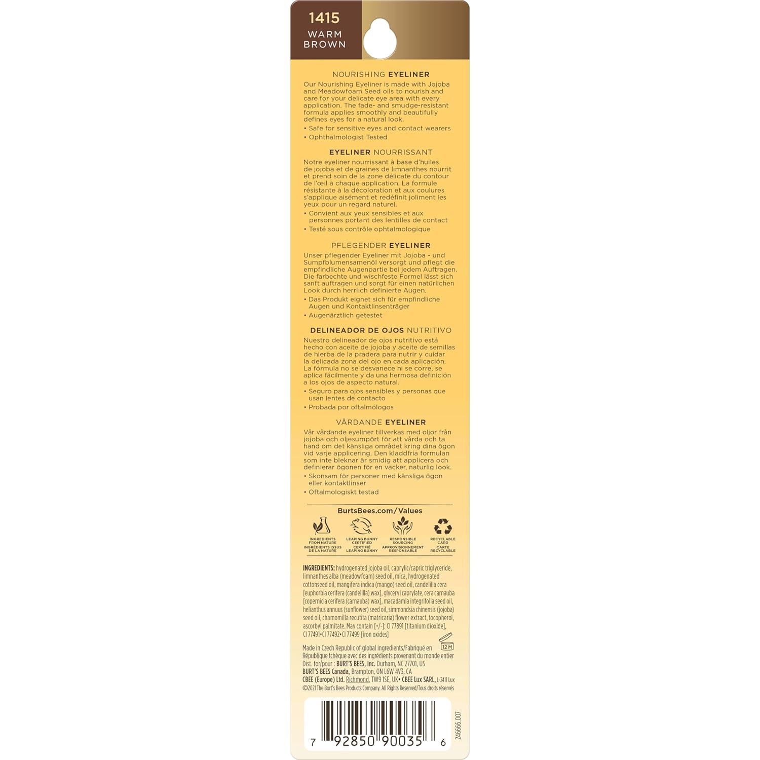 Burt's Bees Delineador de ojos nutritivo, marrón cálido, 0.04 onzas