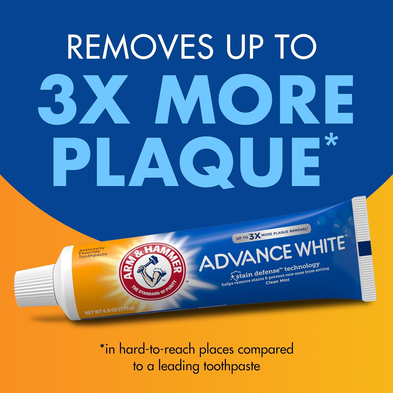 ARM & HAMMER Advance White Pasta de dientes, Pasta de dientes blanqueadora de bicarbonato de sodio con Tecnología de Defensa contra Manchas y Flúor, Sabor Menta Limpia, 6.0 Oz (Paquete de 4)