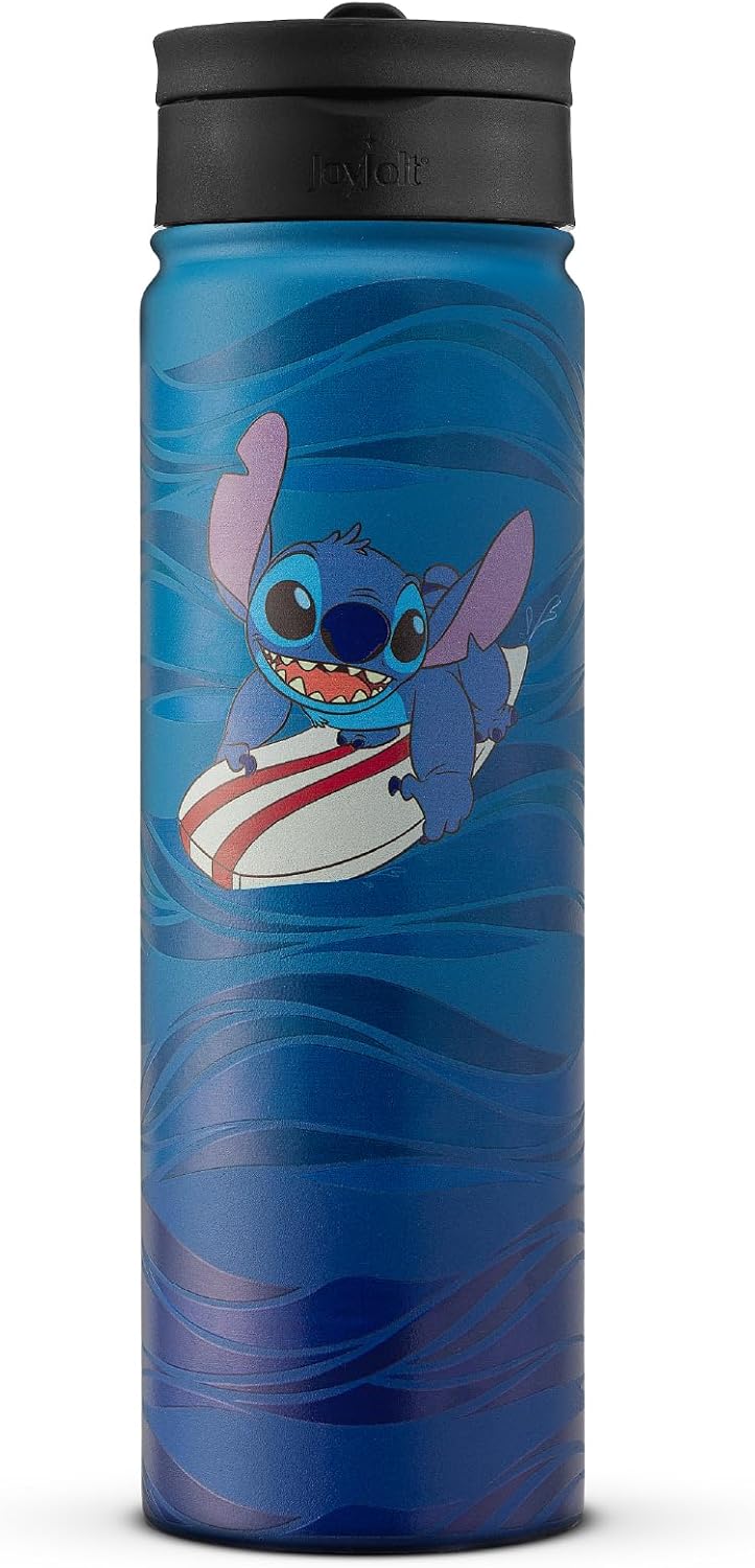 JoyJolt Disney Stitch Surf's Up - Botella de agua de acero inoxidable con tapa abatible, botella de agua aislada al vacío de 22 onzas, vaso sin BPA para escuela, gimnasio, deportes y viajes, regalos