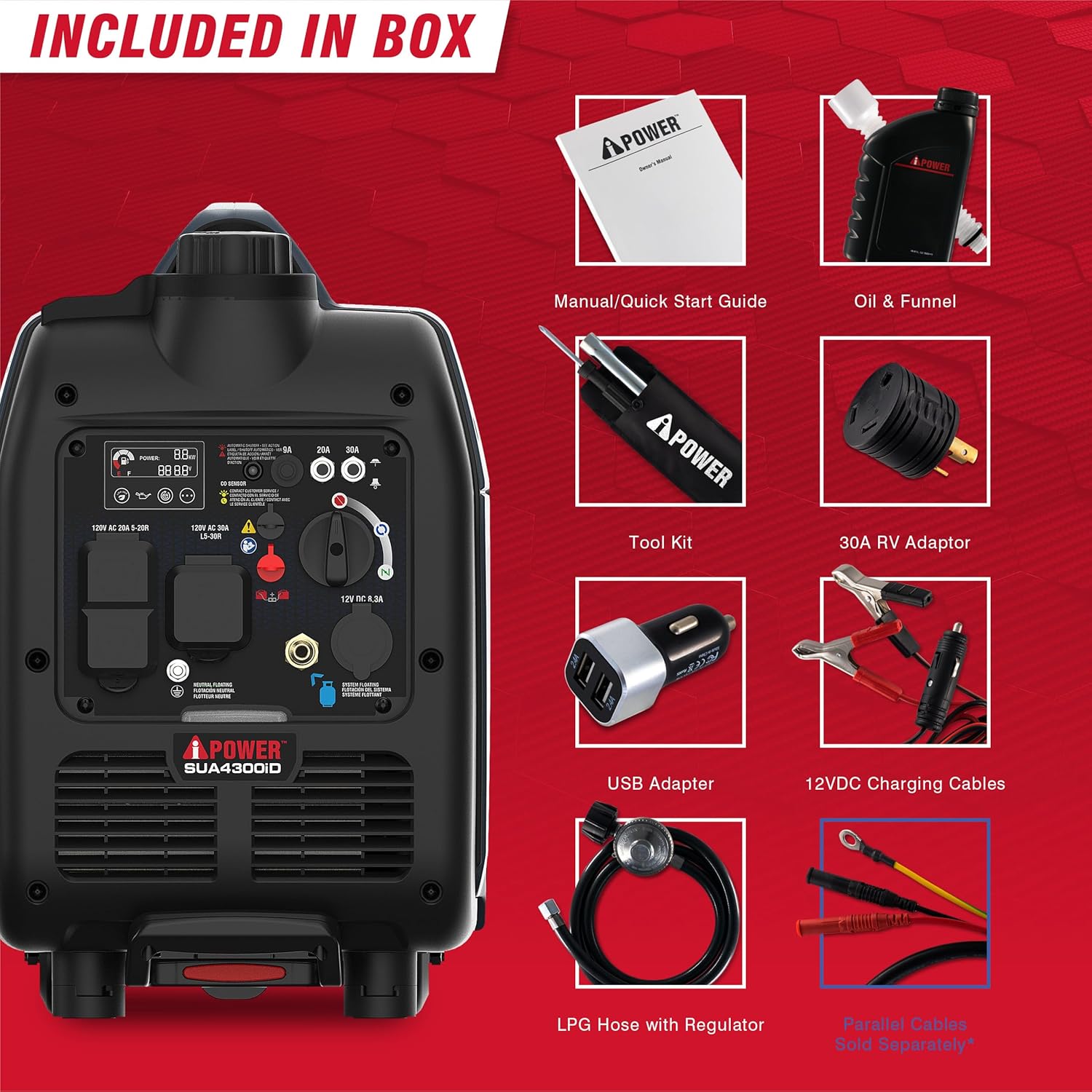 A-iPower Portable Inverter Generator, Dual Fuel, 4300W, RV Compatible, EPA & CARB Compliant, CO Sensor, Lightweight, Telescopic Handle, Home Backup, Tailgate & Camping (SUA4300iD)