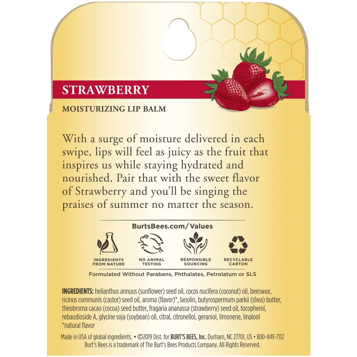 Burt's Bees - Bálsamo labial hidratante 100 % natural, fresa con cera de abejas y extractos de frutas, 4 tubos