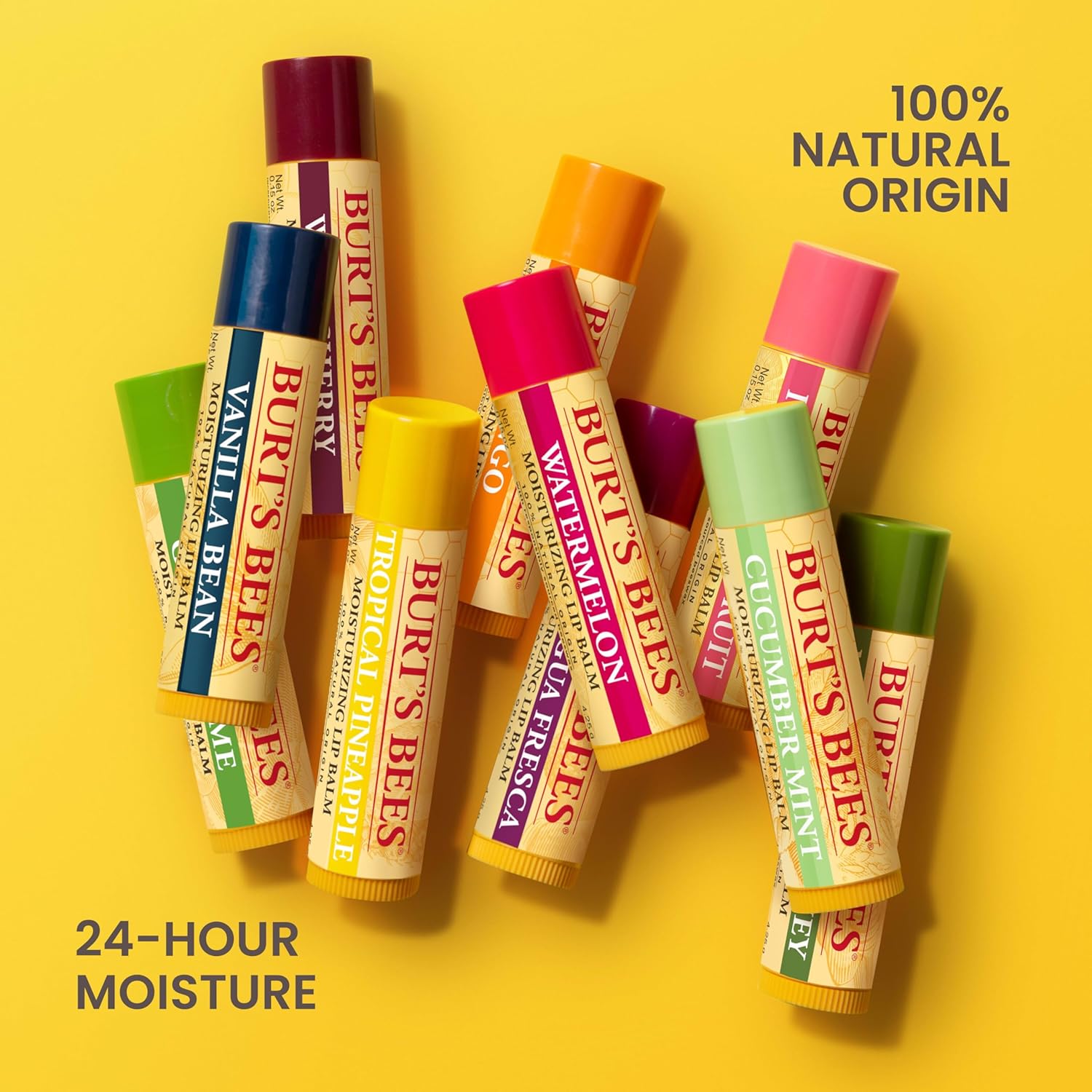 Burt's Bees - Bálsamo labial, protector labial hidratante, para hidratación durante todo el día, 100 % natural, Tropical, piña, bayas con agua fresca, fruta del dragón y coco y pera (paquete de 4)