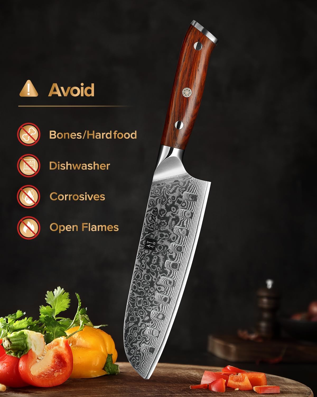 XINZUO Damascus Steel Santoku Knife 18cm Santoku Knife - Professional Chef Knife Multifunctional Kitchen Cooking Knife, Suitable for Cutting Meat, Vegetables and Fruits - Ergonomic Rose Wood Handle