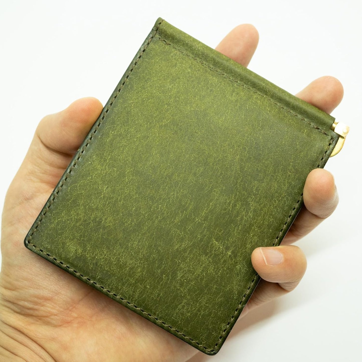 Hizu Factory Pueblo Genuine Leather Money Clip (with Coin Pocket) Made in Japan Artisan Handmade, oliva