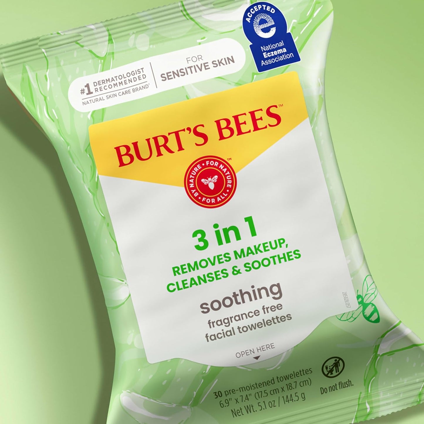 Burt's Bees Soothing Fragrance Free Facial Towelettes with Aloe Vera, 100 Percent Plant Based Cloth Makeup Remover Wipes for Sensitive Skin, 99 Percent Natural Origin Skin Care, 30 ct., Three Pack