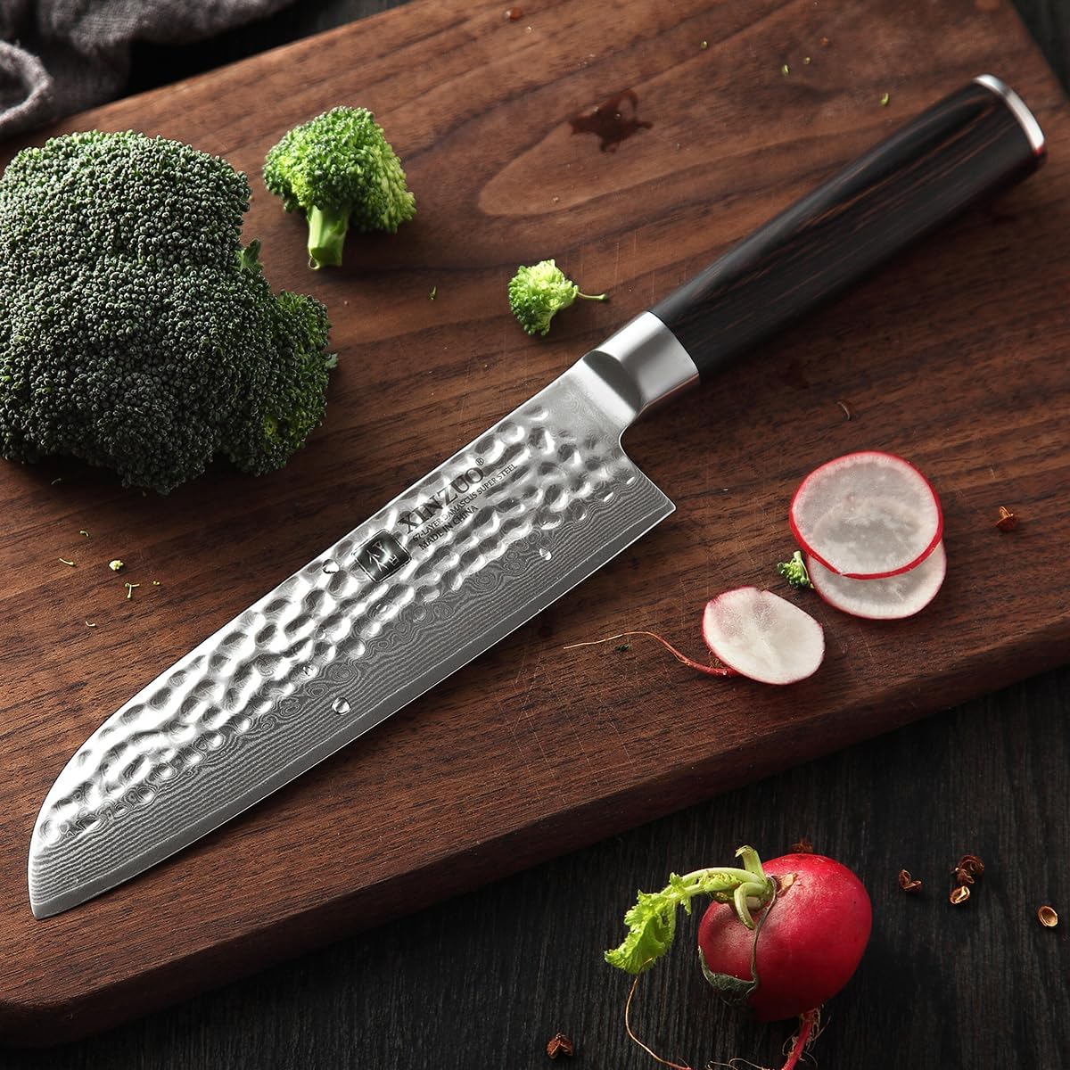 XINZUO Damascus Steel Santoku Knife - 67-Layer Damascus Steel 17.6cm Santoku Chef Knife, Professional Kitchen Cooking Knife, Suitable for Cutting Meat, Vegetables, and Fruits - Ergonomic Pakka Wood