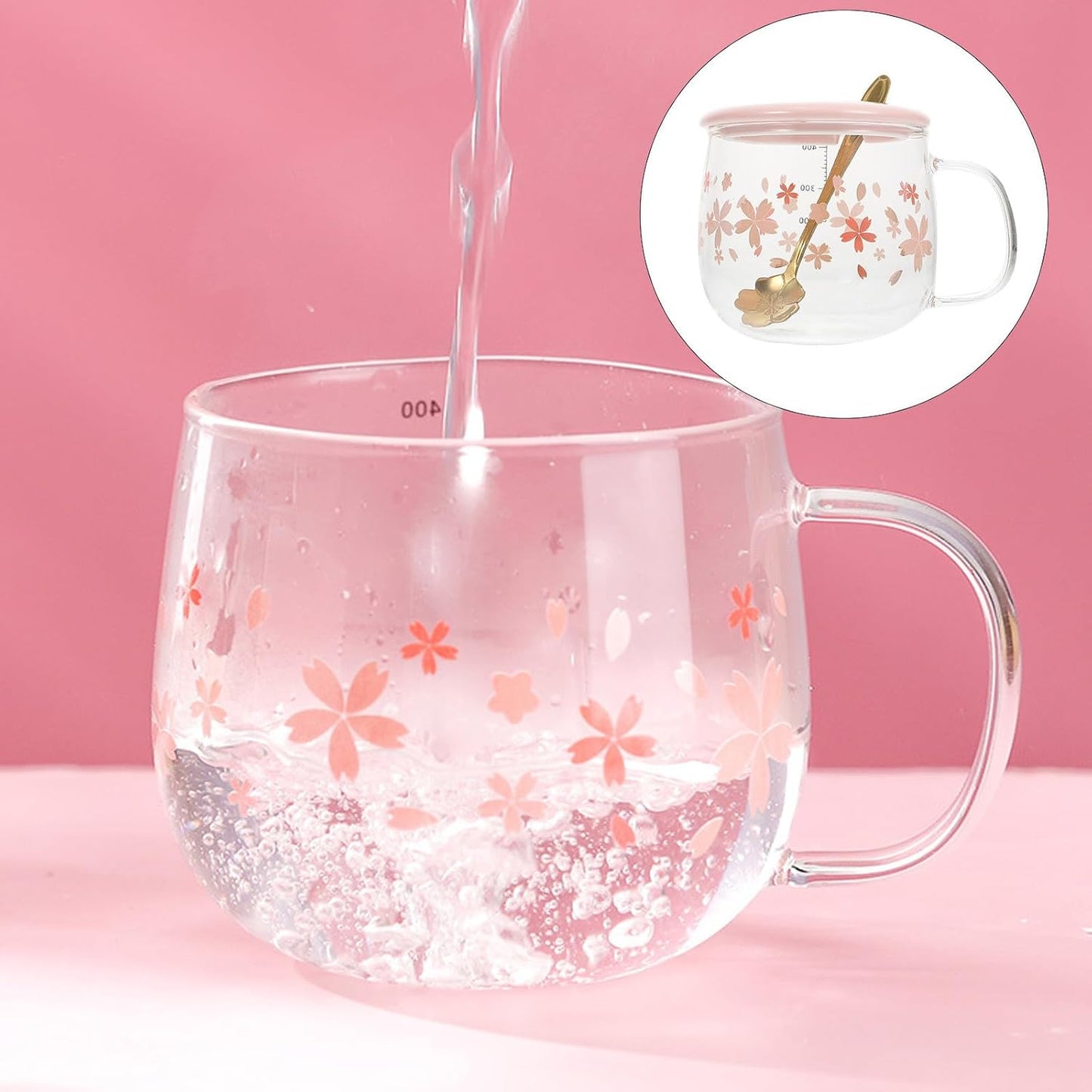 Beavorty ステンレスガラス素材の蓋付きコーヒーマグ 400ml 容量目盛り付きの便利な朝食用ドリンクカップ 1セット