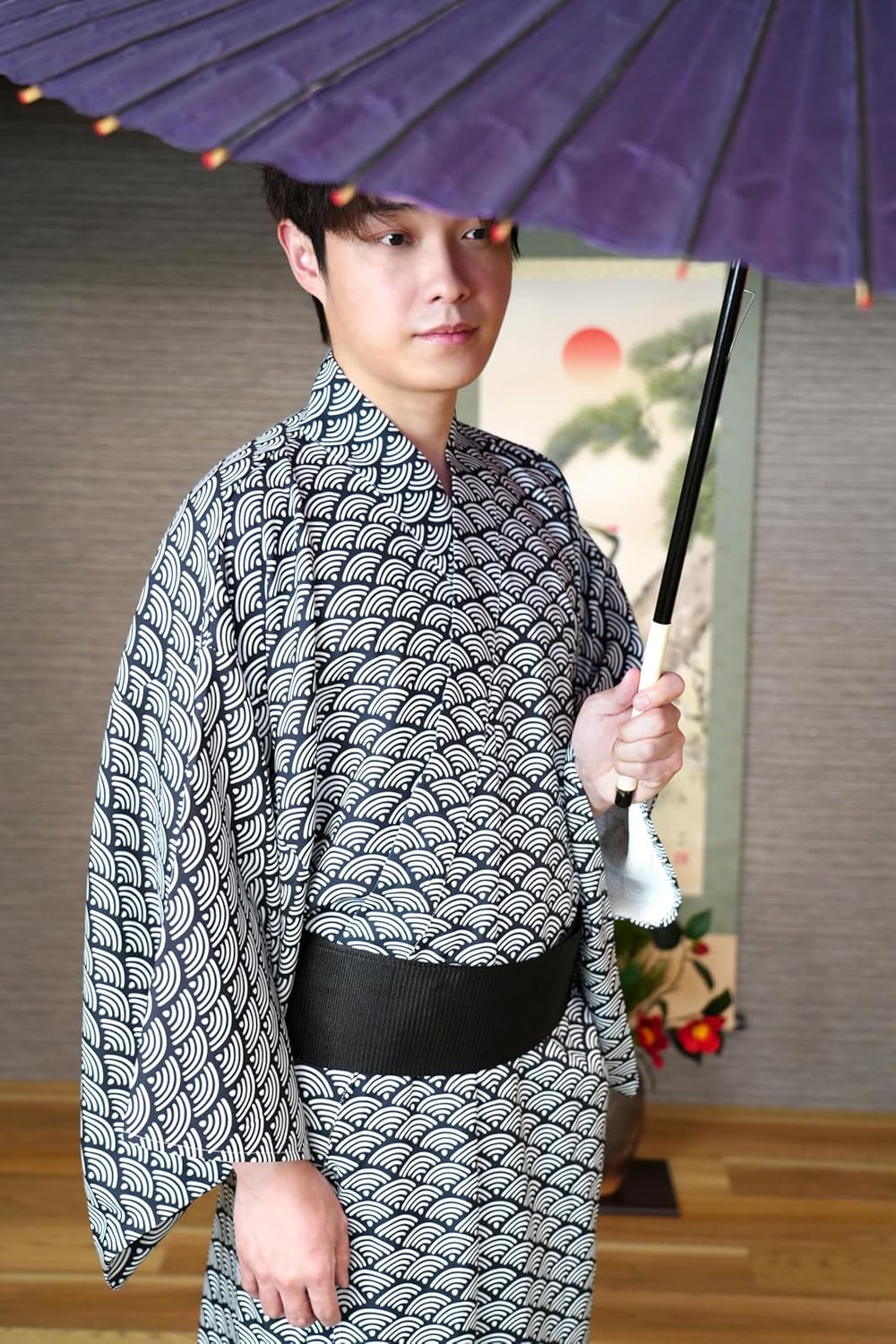 Clear Stone Cosplay, Halloween, Men's Kimono Set, Blue Sea Wave, Navy