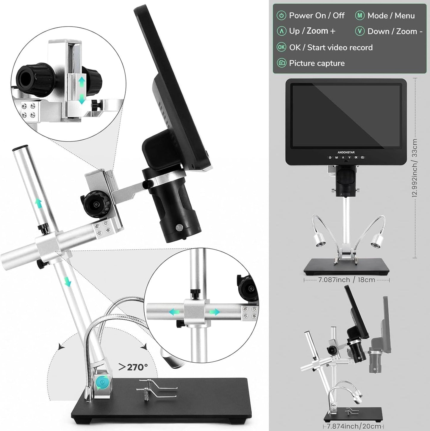 Andonstar AD249S HDMI Digital Microscope with 10.1" Screen, Soldering Microscope with Metal Stand, 2000X 3 Lens Coin Microscope Kit for Kids and Adults, Photo/Video Recording, Windows Compatible