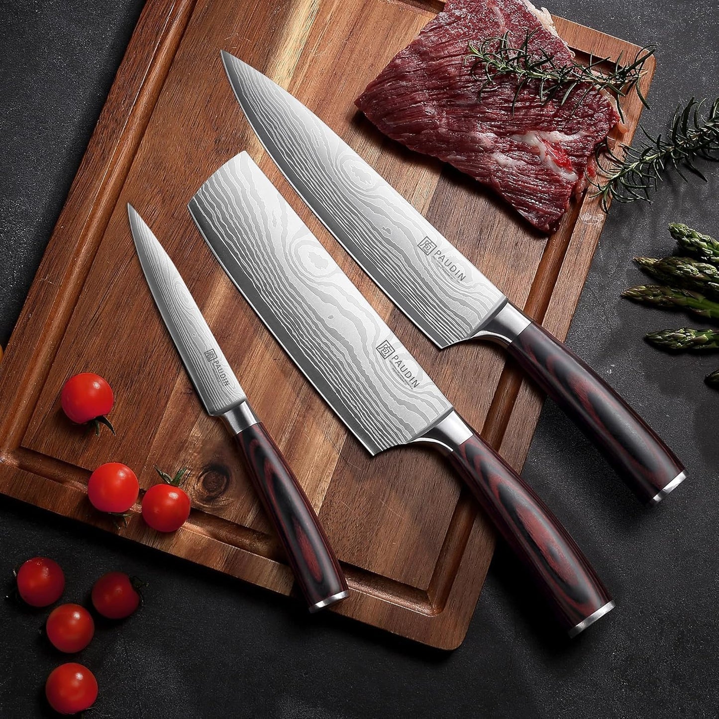 PAUDIN (Paudyn) Kitchen Knife Set [Chef Knife, Vegetable Cutter, Petty Knife] 3-Piece Set Stainless Steel Knives, Sharp Double-Edged, Wooden Handles, Meat Cutting Knife, Fruit Knife, Vegetable Knife