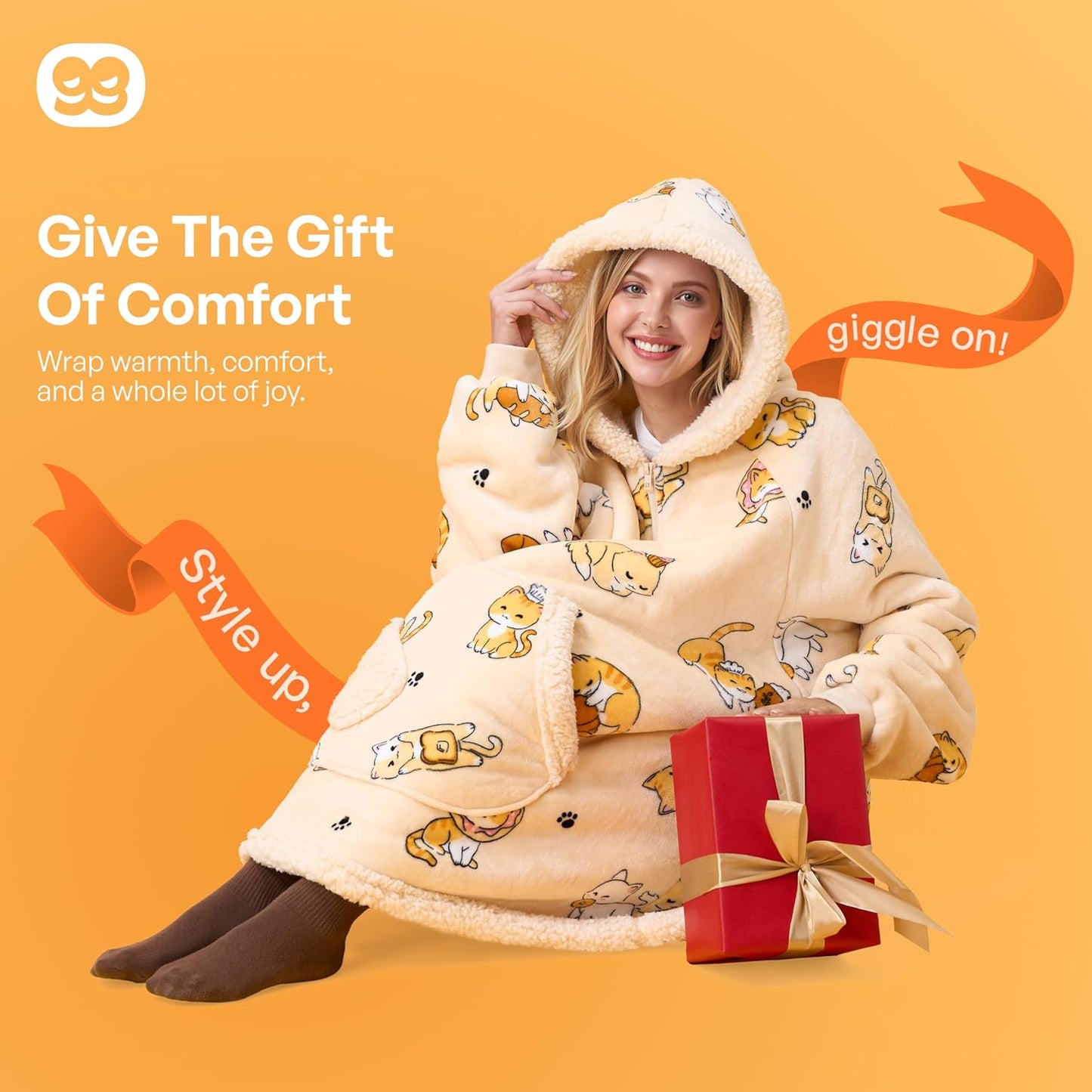 Giggling Getup Manta con capucha para adultos, regalos para adolescentes, niñas, hermanas, mujeres, forro polar sherpa, sudadera con capucha, cálida y acogedora con bolsillo y mangas, color beige gato