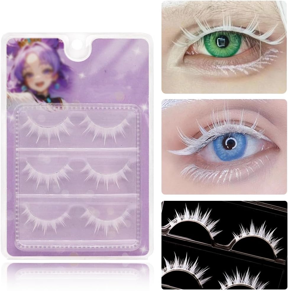 White False Eyelashes (3 Pairs), Top Eyelashes, Soft, Transparent Eyelash Stem, White Cartoon Eyelashes, White Cosplay Makeup, Partial, 3D, Natural, False Eyelashes, DIY Makeup, Everyday Makeup