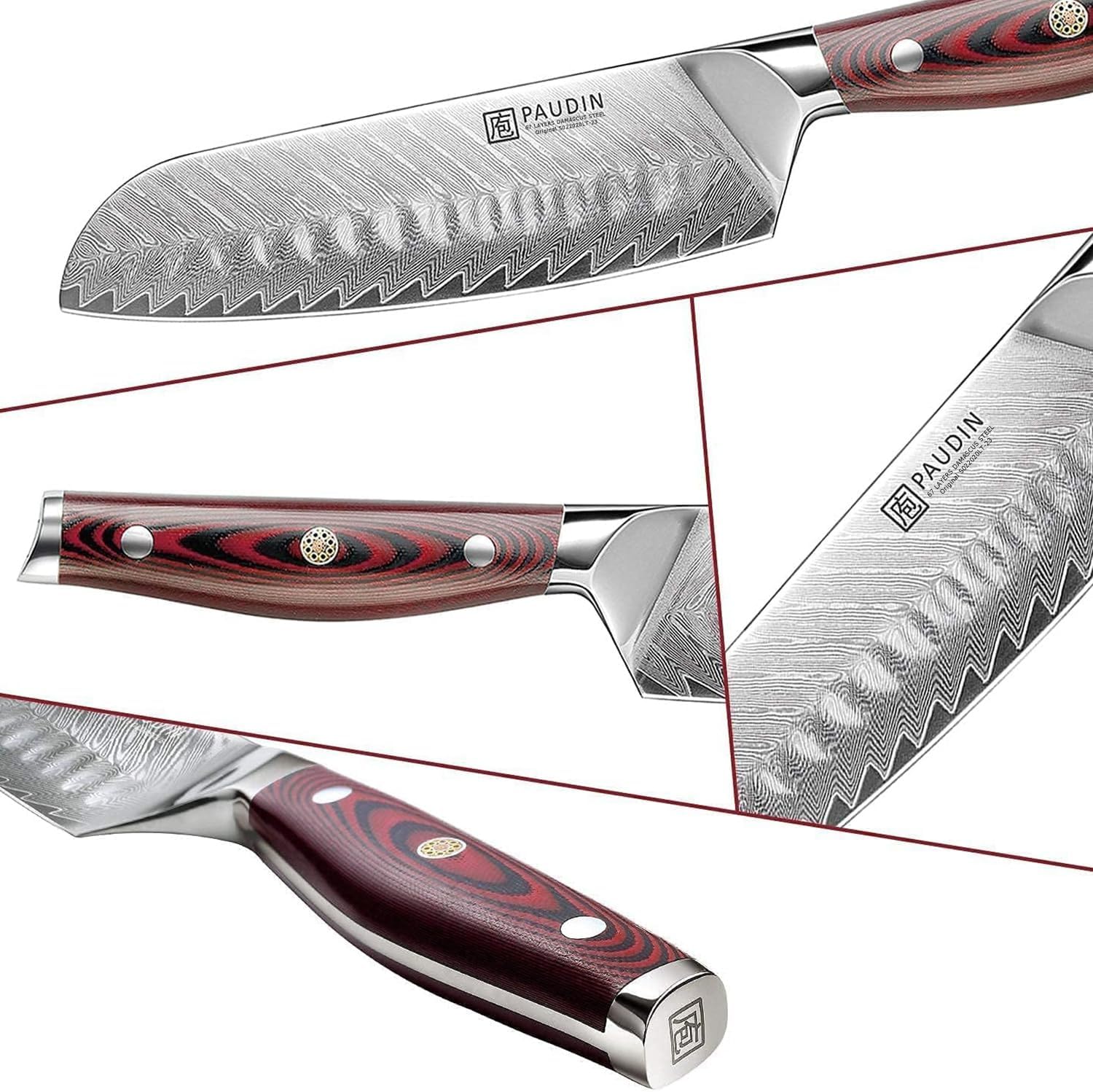PAUDIN Damascus Santoku Knife, 7.1 inches (180 mm), VG10 Stainless Steel, All-Purpose Knife, Sharp Sharp, Double-Edged, Left Handed, Butterfly Kitchen Knife, Suitable for a Wide Range of Meat, Vegetables, Fruits, Etc