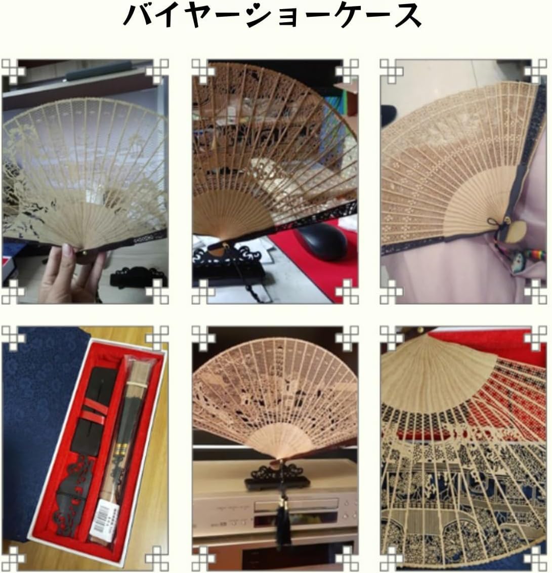 高級手作り白檀扇子 黒檀ローズウッド製 繊細彫刻模様 自然香り ユニセックス 専用台座付き 伝統工芸品 インテリア装飾 公演時代劇 贈答ギフト (K) [並行輸入品]