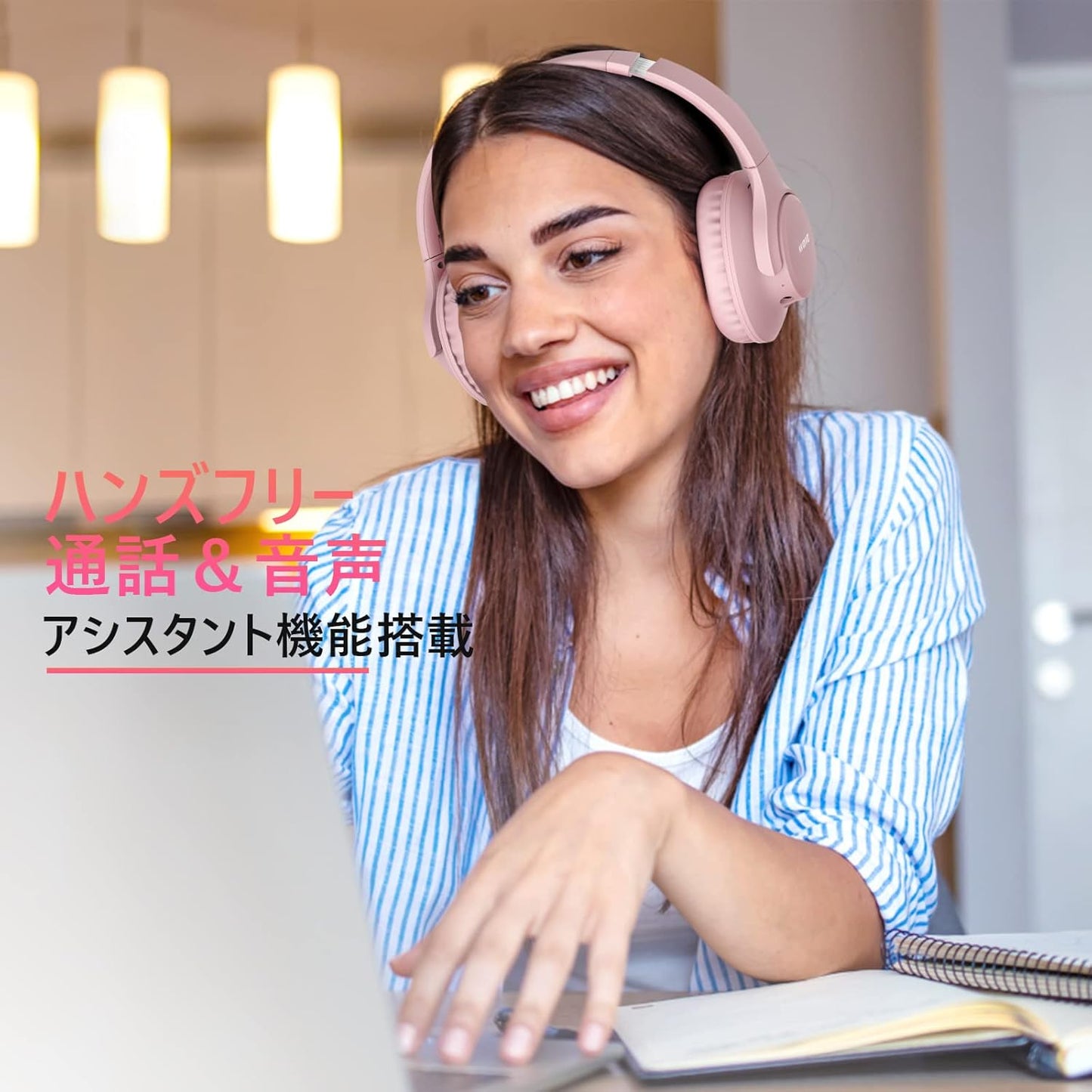 KVIDIO Wireless Headphones, Bluetooth 6.0, 65 Hours Playback, 1.6 inches (40 mm), HD Driver Unit, Over-Ear Headphones, Built-in Mic, Headphones, Wired Wireless, Dual Use, Noise Isolation, Sealed Type, Hands-free Calling, Bluetooth Headphones, Black (Pink)