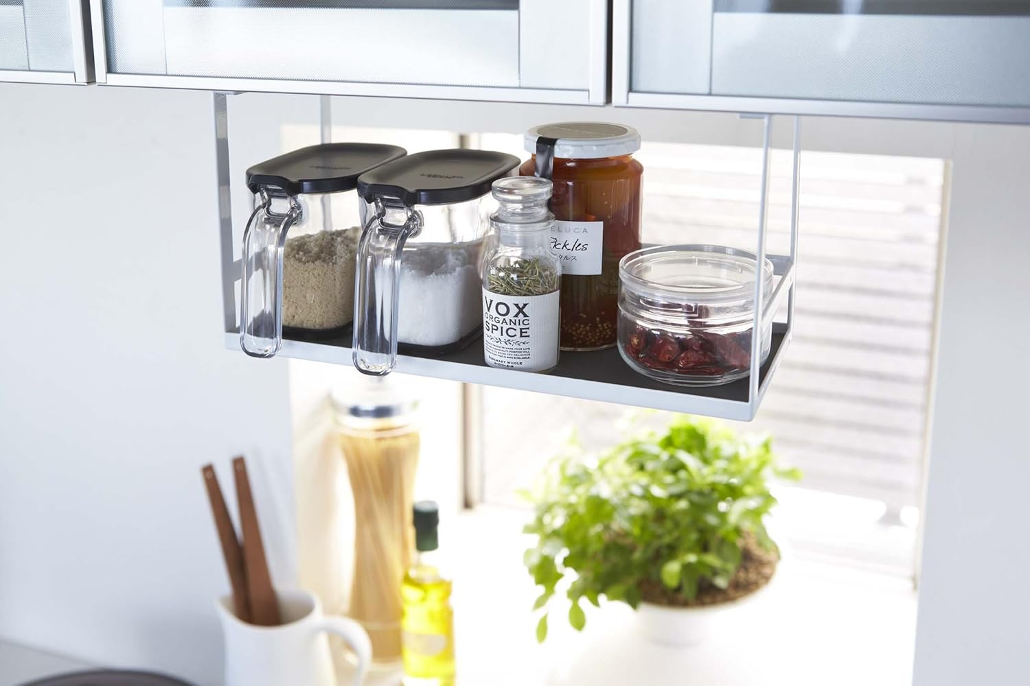 Yamazaki 2466 Under Cabinet Seasoning Rack, White, Approx. W 12.0 x D 4.9 x H 7.1 inches (30.5 x 12.5 x 18 cm), Tower Kitchen Rack, Hanging Shelf