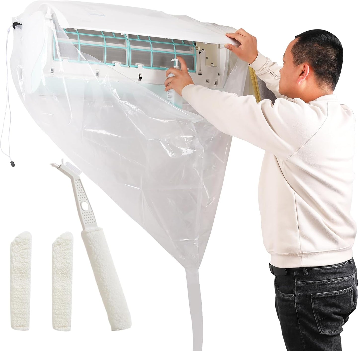 Air Conditioner Cleaning Cover for Wall-mounted Units, Air Conditioner Cleaning Cover, Easy-to-Use, Simply Cover, Size Adjustable, Draining, Transparent, Air Conditioner Cleaning Cover for