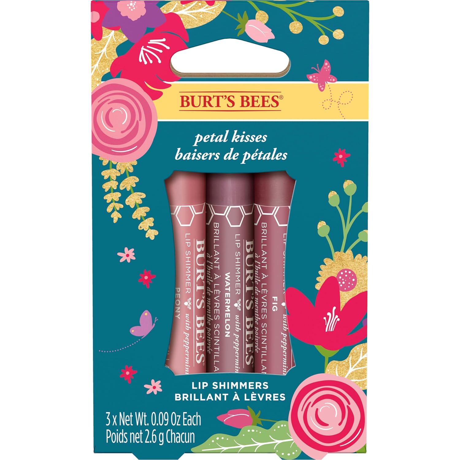 Burt's Bees Kissable Color Spring Gift Set, Petal Kisses, 3 brillos de labios en peonía, higo y sandía