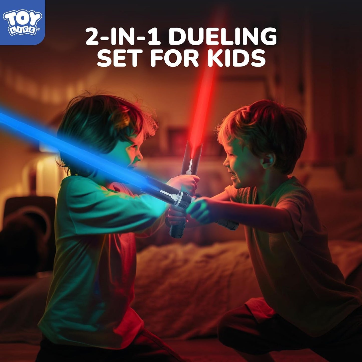 TOY Life 2 en 1 Espada iluminada azul y roja, paquete de 2 para niños, espada iluminada expandible para niños, sables de luz LED + sonido FX, sables de luz duales, juguete iluminado, sable oscuro de