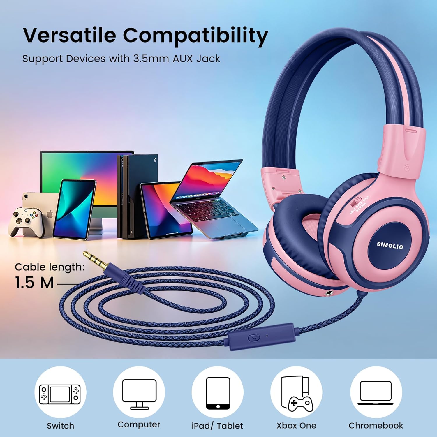 SIMOLIO Kids Headphones with Sharing Port Microphone Volume Limit for Children/Boys/Girls/Youth Wired Headphones with 3.5mm Stereo Plug for iPhone/iPad/Kindle/Tablet/Nintendo Switch School/Travel