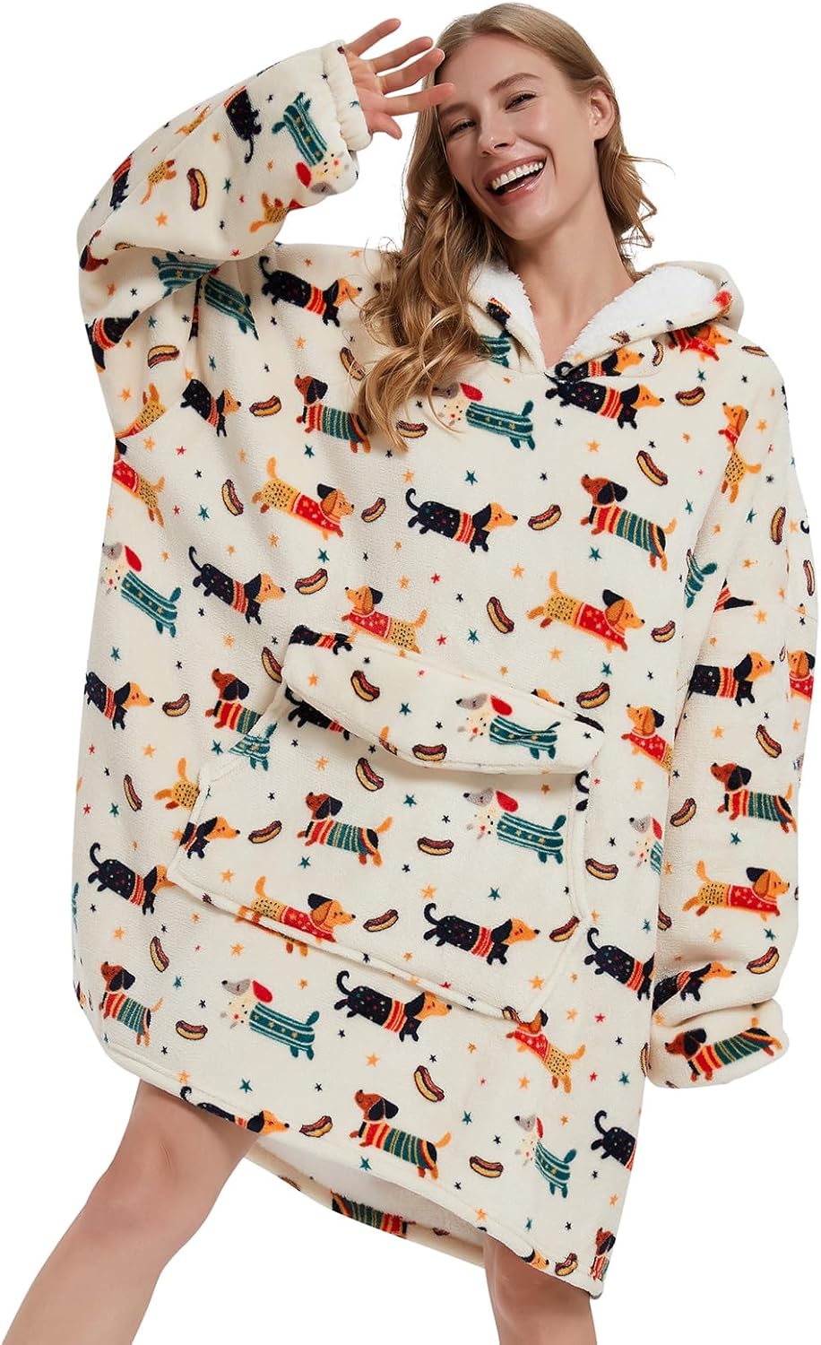 Mewkou - Manta con capucha portátil para adultos, manta con capucha de forro polar sherpa de gran tamaño para mujeres y hombres, Dachshund