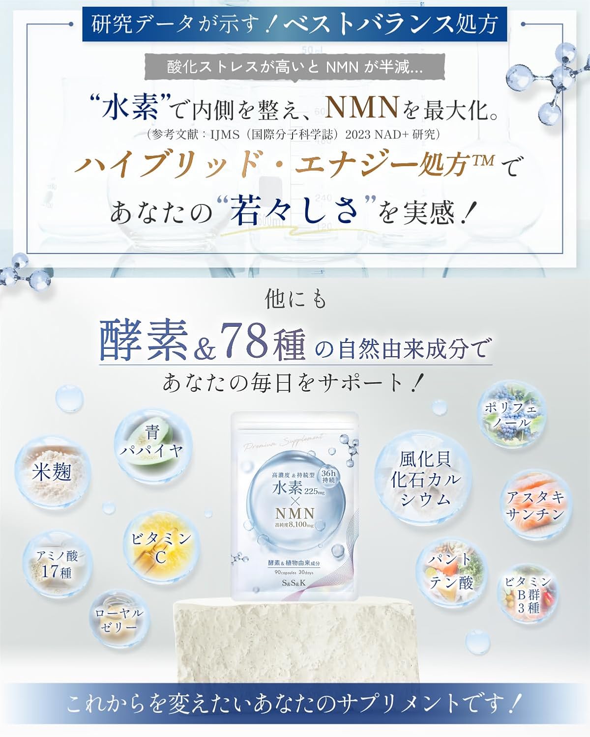 【Physician-Supervised】Hydrogen Supplement 36-Hour Sustained Hydrogen 225mg NMN High Purity 100% 8100mg S&S&K Enzymes Green Papaya Royal Jelly 78 Natural Ingredients 30-Day Supply 90 Tablets GMP Made