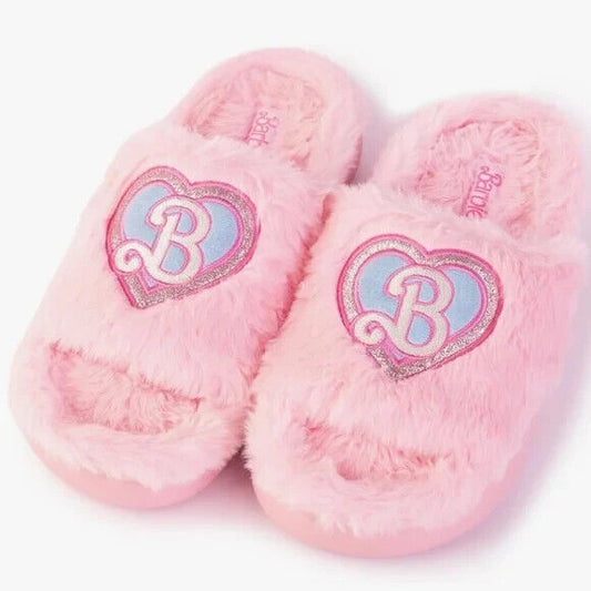 Barbie Slippers Pink Faux Fur Logo Super Push Comfy Women's Size Small 5/6 NWT