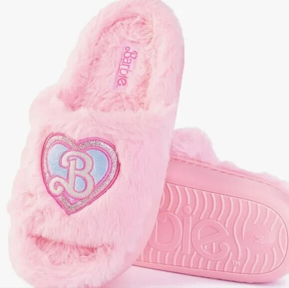 Barbie Slippers Pink Faux Fur Logo Super Push Comfy Women's Size Small 5/6 NWT