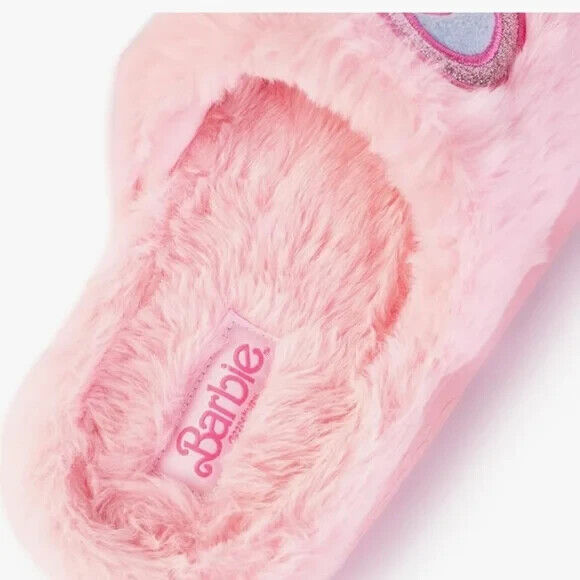 Barbie Slippers Pink Faux Fur Logo Super Push Comfy Women's Size Small 5/6 NWT