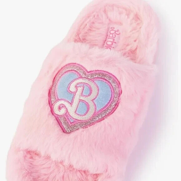 Barbie Slippers Pink Faux Fur Logo Super Push Comfy Women's Size Small 5/6 NWT