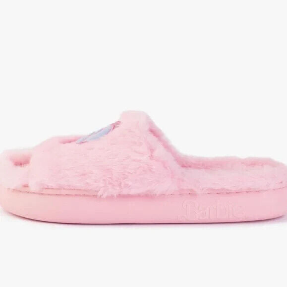 Barbie Slippers Pink Faux Fur Logo Super Push Comfy Women's Size Small 5/6 NWT