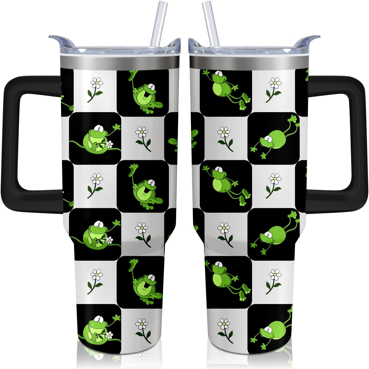 Vaso de rana de 40 onzas con asa y pajilla, taza aislada de acero inoxidable a cuadros búfalo con tapa, taza de café de viaje, botella de agua, regalos de cumpleaños para el día de la madre
