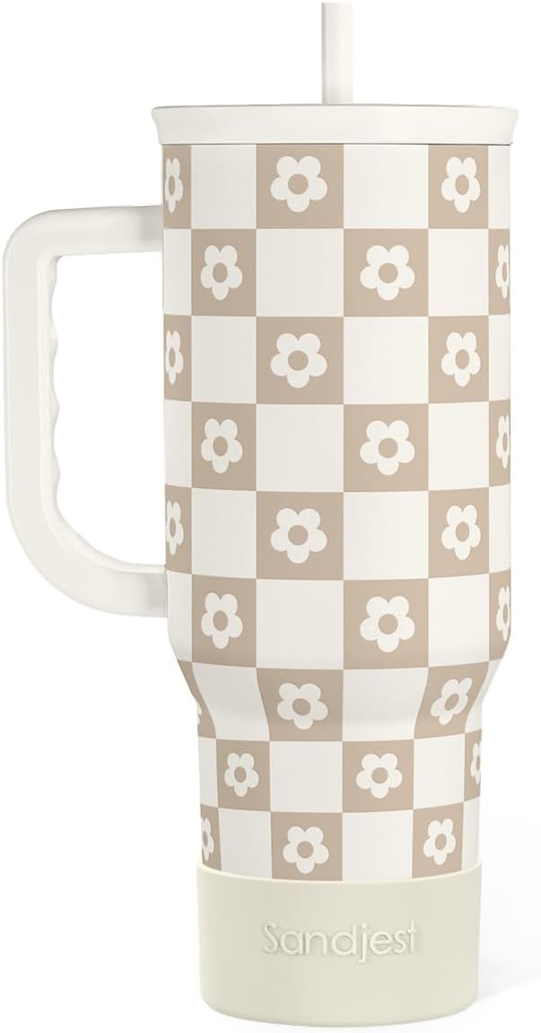 SANDJEST Vaso de 40 onzas con asa y pajilla, taza de café de viaje de acero inoxidable aislado para mujeres, niñas, amantes de la playa, idea de regalo para cumpleaños, Navidad, día de la madre, vacaciones de verano (color)