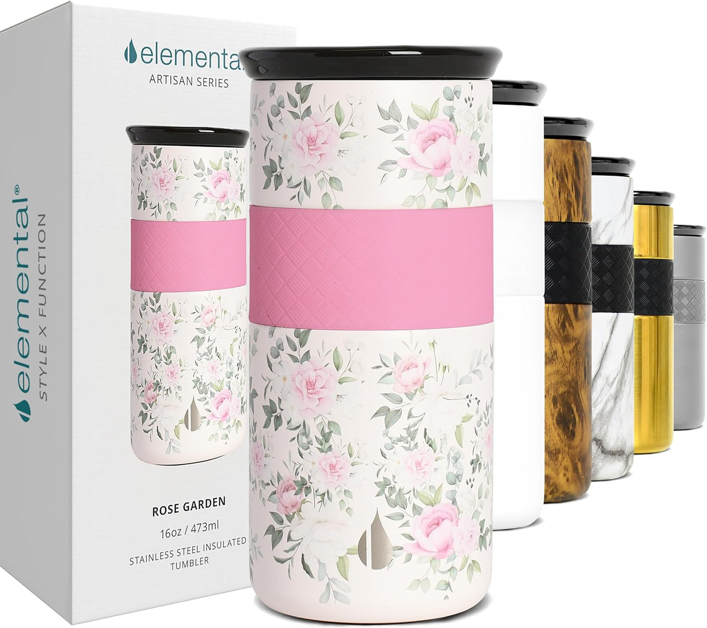 Elemental Vaso aislado artesanal, taza de viaje para café de triple pared, reutilizable, de acero inoxidable, con tapa de cerámica, tazas de café térmicas para bebidas calientes (6 horas) y frías (18 horas), 16 onzas, flores azules