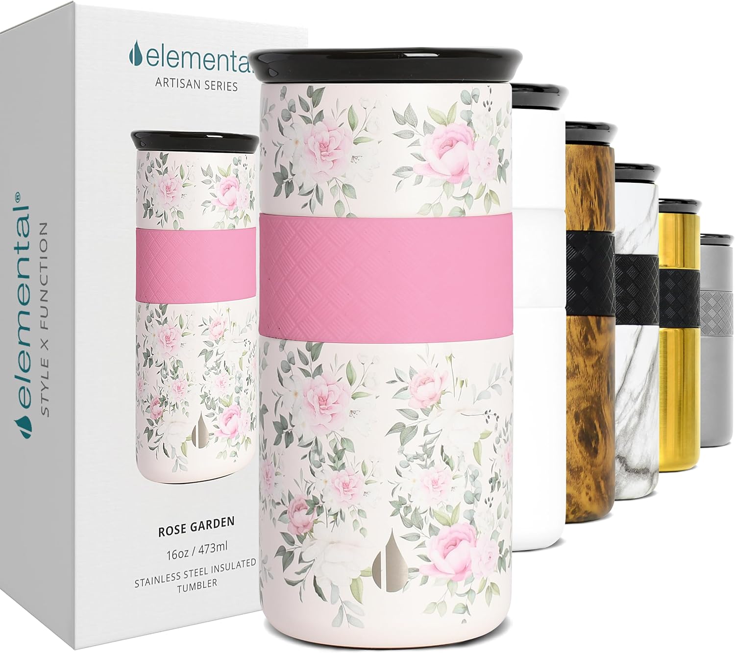 Elemental Vaso aislado artesanal, taza de viaje para café de triple pared, reutilizable, de acero inoxidable, con tapa de cerámica, tazas de café térmicas para bebidas calientes (6 horas) y frías (18 horas), 16 onzas, flores azules