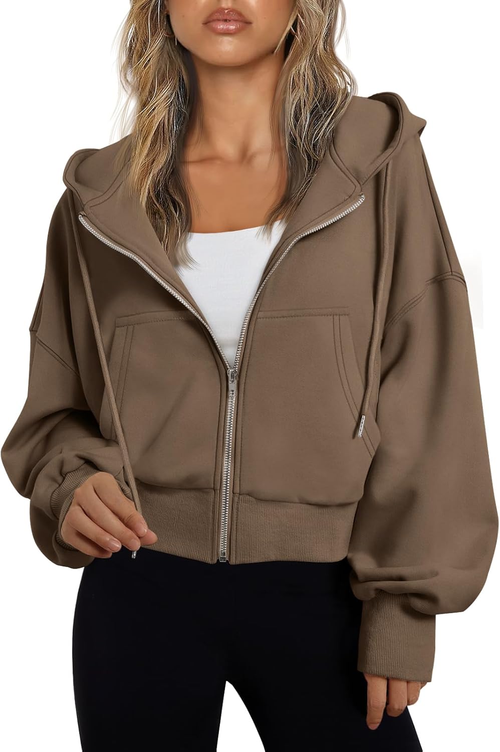 Trendy Queen Sudadera con capucha y cremallera para mujer, ligera, con hombros caídos, chaqueta atlética casual