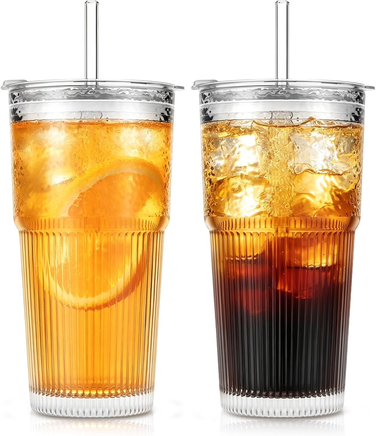 SoulTimes Juego de 2 vasos de vidrio acanalados y florales de 20 onzas, vasos de vidrio reutilizables con tapa y popote de vidrio, tazas de café helado para agua, batido, leche, cóctel y más, perfecto