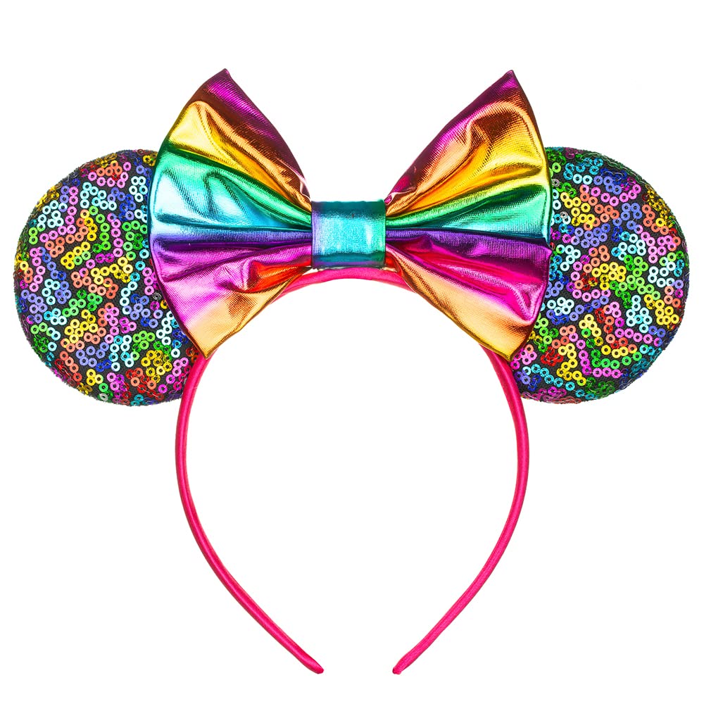 Foeran - Diademas con orejas de ratón, arcos brillantes, orejas de ratón con purpurina, decoración para fiesta de princesa, disfraz para niñas y mujeres (impresión de leopardo-1)