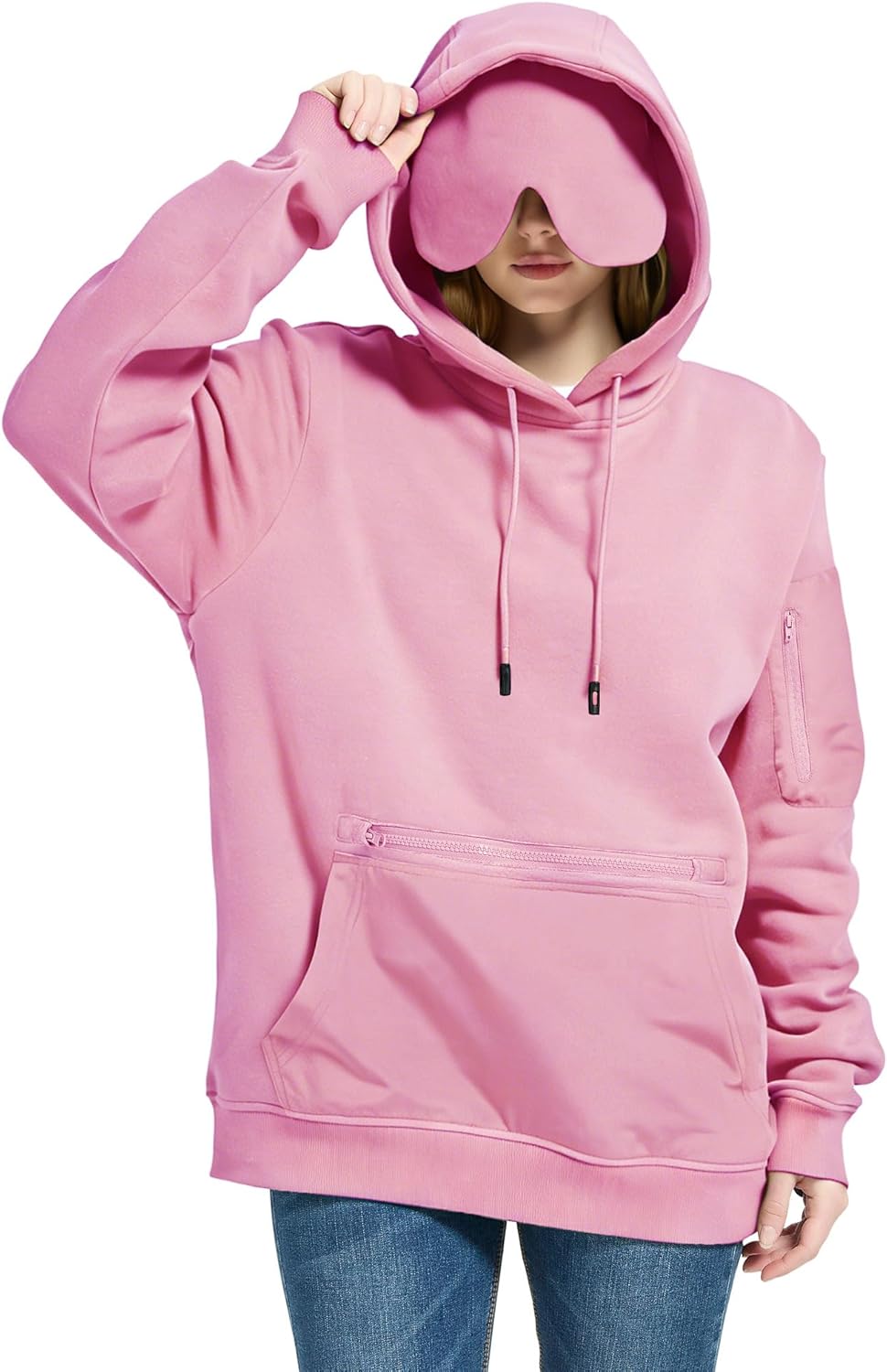 Sudadera con capucha de viaje con máscara de ojos integrada para viajes en avión, transpirable, cómoda, sin botones, múltiples bolsillos