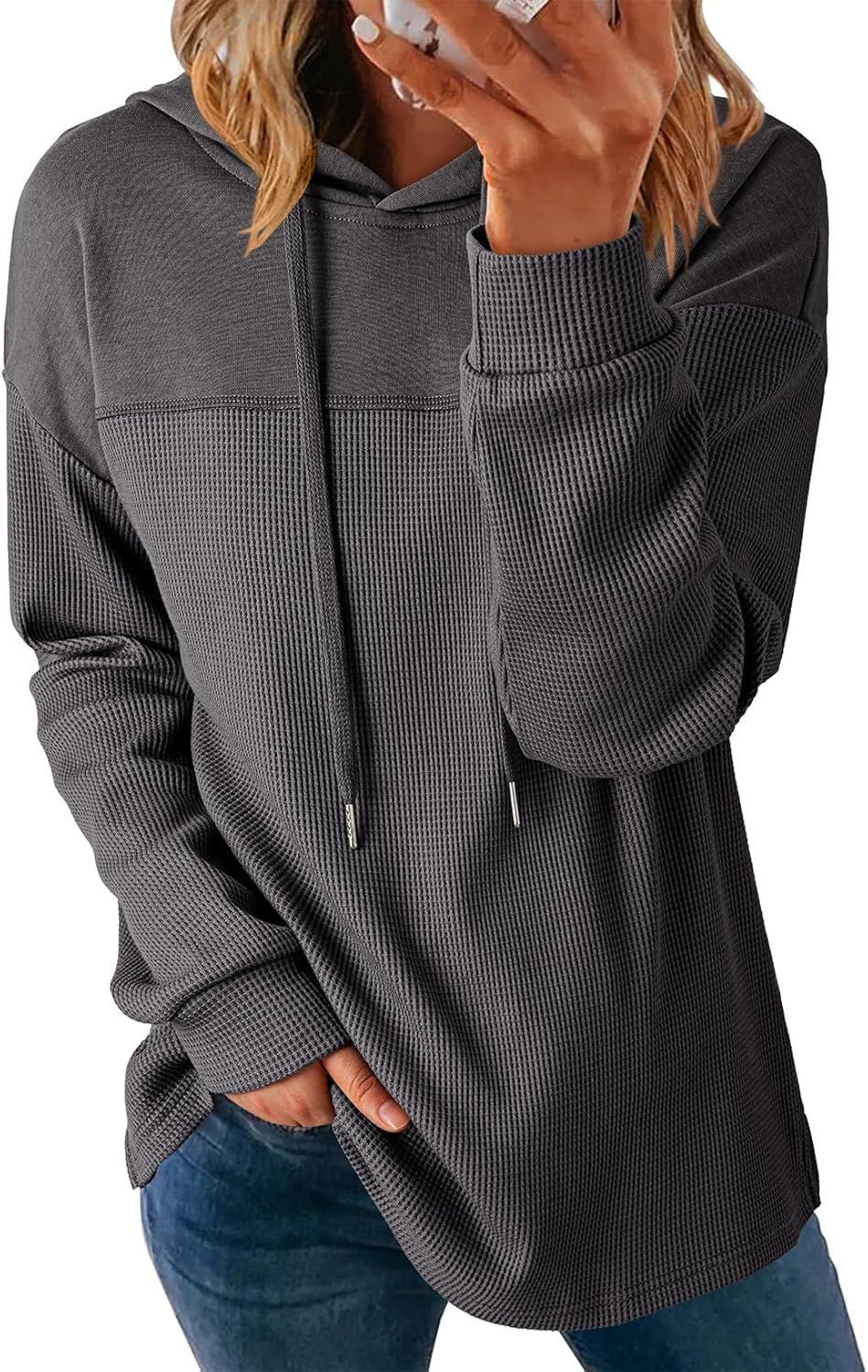 Dokotoo Sudaderas con capucha para mujer, de punto gofre, manga larga, con cordón, ligeras, con capucha