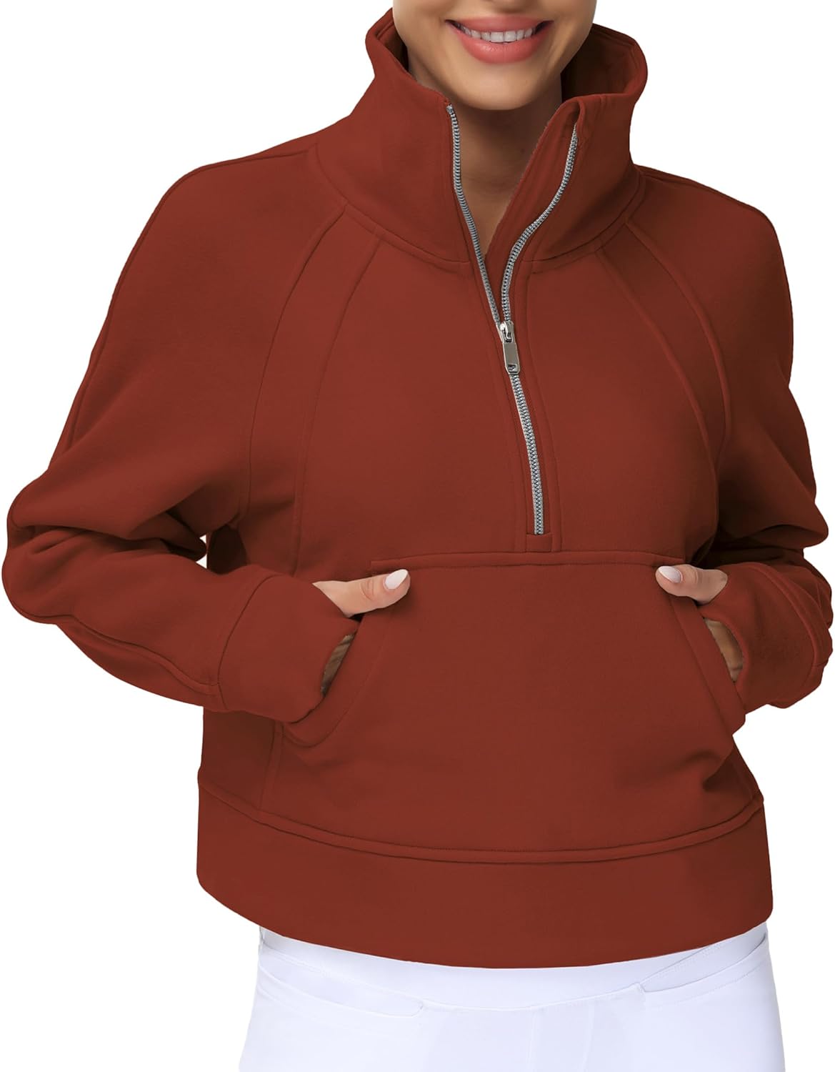 THE GYM PEOPLE Sudadera corta de forro polar con media cremallera para mujer con bolsillos y agujero para el pulgar | Crop sweatshirt with thumb hole, Functional pockets, Fleece Lined, Half zip sweatshirt for work, travel