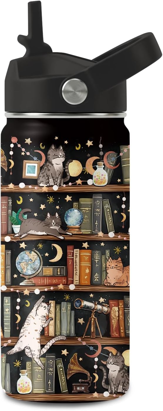 Botella de agua para gatos de 16 onzas con tapa de popote para amantes de los gatos, vaso aislado de acero inoxidable, a prueba de fugas, sin BPA, para viajes, deportes, taza de regalo de