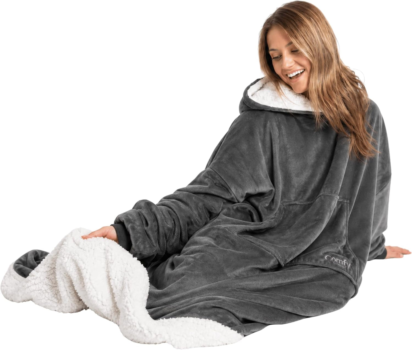 THE COMFY Original - Manta de forro polar de microfibra con forro sherpa, diseño de gran tamaño con capucha y bolsillo de Shark Tank