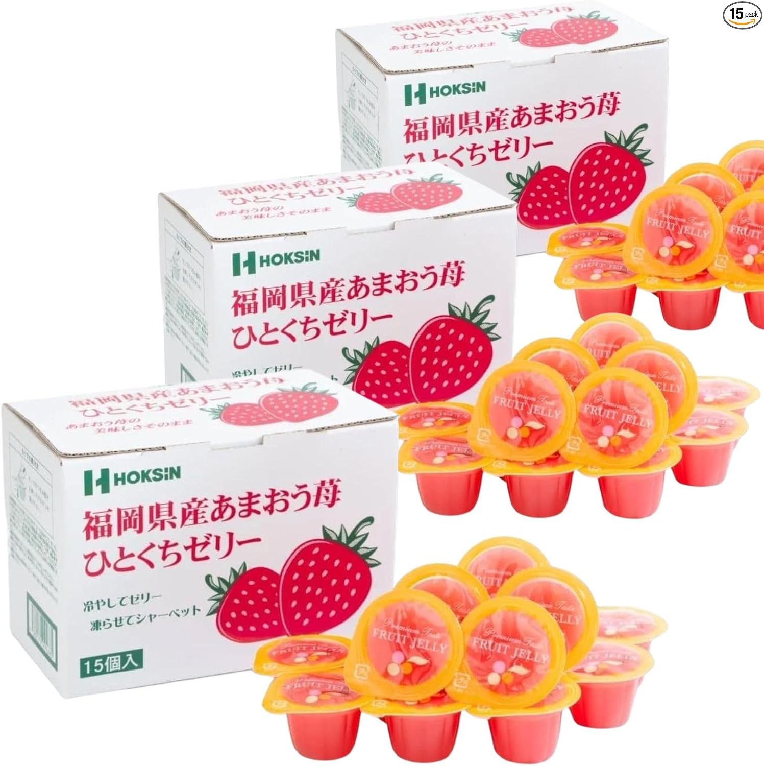 Hokushin Foods Hitakuchi Jelly, 0.7 oz (21 g) x 10 Packs, Chill Freeze, Premium Fruit Juice, Sweets, Gift, Souvenir, Treats (Set of 15 Pieces, 2 Boxes, Amao Strawberry, Produced in Fukuoka Prefecture