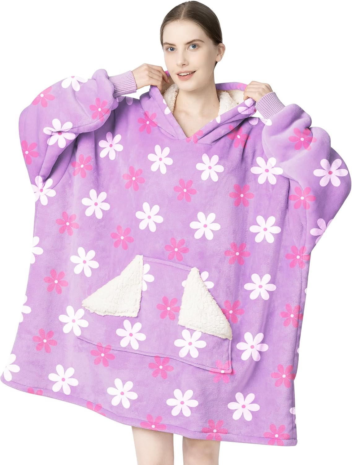 Touchat - Manta con capucha portátil, sudadera con capucha de forro polar sherpa de gran tamaño con bolsillo gigante y mangas para adulto, regalo de manta gris cálida y acogedora para mujeres