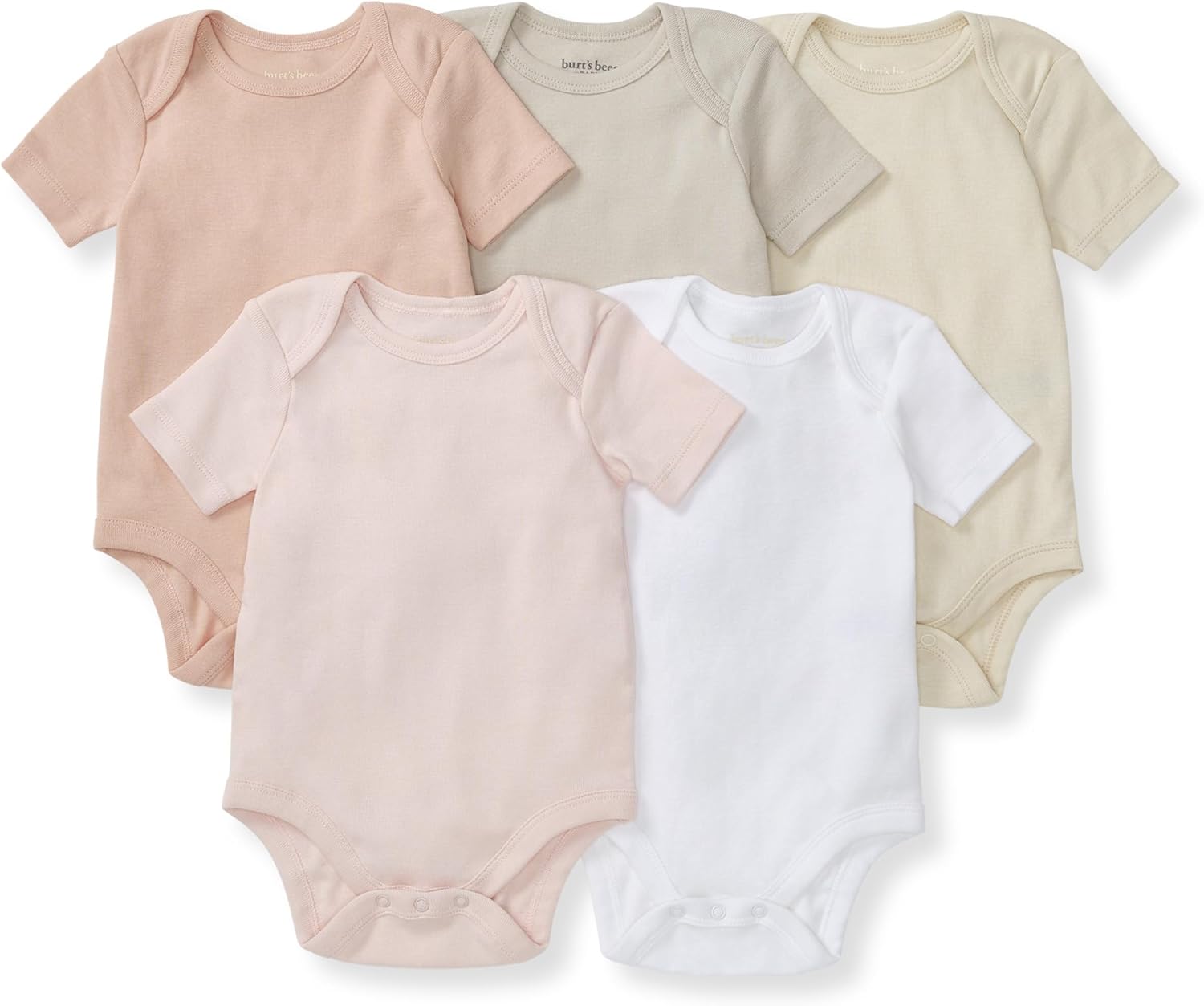 Burt's Bees Baby Body unisex, ropa de dormir orgánica de manga corta, paquete de 5 | Essential baby bodysuit pack featuring an easy-on and off lap-shoulder neck design for stress-free daily outfitting