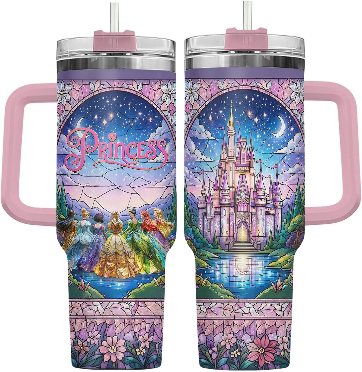 34HD Vaso de princesa rana de 40 onzas, taza de viaje aislada de acero inoxidable con asa y tapa con pajilla, regalo de cumpleaños, taza de películas de princesa de cuento de hadas para mujer